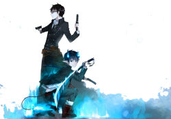 Rule 34 | 2boys, ao no exorcist, belt, black hair, blue eyes, blue fire, boots, brothers, buttons, coat, collared shirt, demon, demon boy, demon tail, double-breasted, dual wielding, fang, finger on trigger, fire, flame-tipped tail, flaming sword, flaming weapon, glasses, glowing, gun, handgun, highres, holding, loose necktie, multiple boys, necktie, okumura rin, okumura yukio, pants, pointy ears, red pupils, sakegawa, serious, sharp teeth, sheath, shirt, siblings, smile, squatting, standing, sword, tail, teeth, trench coat, untucked shirt, wallpaper, weapon, wrist cuffs