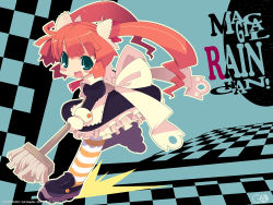 Rule 34 | 1girl, aqua eyes, character name, copyright notice, gagraphic, inline skates, long hair, long sleeves, magical rain chan, maid, mop, pantyhose, red hair, roller skates, skates, solo, striped clothes, striped pantyhose, twintails, wallpaper, zankuro