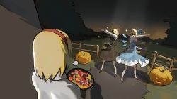 Rule 34 | 3girls, alice margatroid, ascot, black footwear, blonde hair, blue dress, blue hair, bowl, candy, capelet, cirno, commentary, dress, english commentary, fence, food, full body, ginyu force pose, hairband, halloween, halloween bucket, highres, ice, ice wings, jack-o&#039;-lantern, mary janes, multiple girls, pinafore dress, puffy short sleeves, puffy sleeves, red ascot, red hairband, rumia, sandals, shirt, shoes, short hair, short sleeves, sleeveless dress, sparkle, standing, teasmacker, touhou, white capelet, white shirt, white sleeves, wings