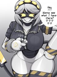 Rule 34 | 1girl, absurdres, android, black hairband, black jacket, breasts, commentary, english commentary, english text, grey hair, hado (zzzhadozzz), hairband, hand on own hip, highres, huge breasts, jacket, looking at viewer, mechanical arms, murder drones, robot, short hair, short sleeves, smile, solo, speech bubble, tail, teeth, thighs, unzipping, v (murder drones), yellow eyes, zipper