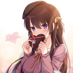 Rule 34 | 1girl, beret, black hat, blush, braid, breasts, candy, chocolate, chocolate heart, collarbone, covering own mouth, food, gradient background, hair ribbon, hat, heart, hitsuki rei, holding, light rays, long hair, long sleeves, medium breasts, purple eyes, purple shirt, red ribbon, ribbon, shirt, side braid, snowdreams -lost in winter-, solo, tareme, two-handed, upper body, yellow background, yellow ribbon
