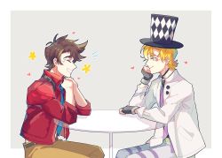 Rule 34 | 2boys, ^ ^, argyle, battle tendency, blonde hair, brown hair, caesar anthonio zeppeli, closed eyes, facial mark, feather hair ornament, feathers, hair ornament, happy, hat, heart, highres, jacket, jojo no kimyou na bouken, joseph joestar, joseph joestar (young), male focus, multiple boys, necktie, official alternate costume, pants, pickieeeee, red jacket, round table, sitting, striped clothes, striped pants, table, top hat, white jacket