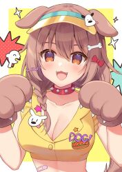 Rule 34 | 1girl, animal ears, animal hands, bandaid on stomach, bone hair ornament, bow, braid, breasts, brown eyes, brown hair, cleavage, clothes writing, collar, collarbone, dog ears, dog tail, doggy god&#039;s street, english text, fangs, food print, gloves, hair between eyes, hair bow, hair ornament, hands up, highres, hololive, hot dog, inugami korone, large breasts, listener (inugami korone), long hair, looking at viewer, open mouth, paw gloves, polka dot, polka dot background, red bow, smile, sparkle, spiked collar, spikes, star (symbol), sumisaki yuzuna, tail, upper body, virtual youtuber, visor cap, yellow background