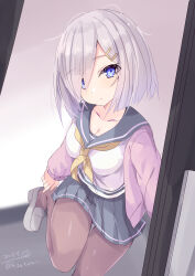 Rule 34 | 1girl, absurdres, blue eyes, blue sailor collar, blue skirt, breasts, brown pantyhose, cardigan, closed mouth, collarbone, gloves, grey hair, hair ornament, hair over one eye, hairclip, hamakaze (kancolle), highres, hizaka, indoors, kantai collection, large breasts, looking at viewer, neckerchief, one-hour drawing challenge, open cardigan, open clothes, pantyhose, pink cardigan, pleated skirt, sailor collar, school uniform, serafuku, short hair, skirt, sliding doors, solo, twitter username, white gloves, yellow neckerchief