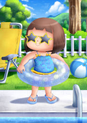 Rule 34 | 1girl, alcyone (cyclone gx), animal crossing, bare arms, bare shoulders, blue sky, bow, brown hair, child, cloud, cloudy sky, day, flat chest, flip-flops, full body, highres, innertube, nintendo, outdoors, sandals, skirt, sky, solo, standing, star-shaped eyewear, star (symbol), sunglasses, swim ring, swimsuit, tree, villager (animal crossing), watermark