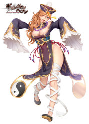 Rule 34 | 1girl, :p, bead necklace, beads, black footwear, breasts, brown hair, cleavage, copyright name, detached collar, full body, gang of heaven, grey eyes, jewelry, jiangshi, large breasts, long sleeves, looking at viewer, masami chie, necklace, official art, ofuda, purple hair, sleeves past fingers, sleeves past wrists, solo, standing, tongue, tongue out, watermark, white background, yin yang