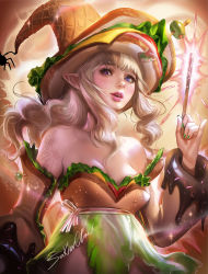 Rule 34 | 1girl, bare shoulders, bread, breasts, detached sleeves, food, hat, magic, original, pointy ears, sakimichan, sandwich, solo, wand, witch, witch hat
