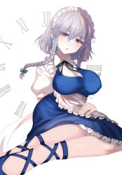 Rule 34 | 1girl, apron, arm behind back, arm support, black neckwear, black ribbon, blue dress, blush, bow, braid, breasts, clock, commentary request, covered erect nipples, dress, eyes visible through hair, green bow, hair between eyes, hair bow, hair ribbon, head tilt, highres, izayoi sakuya, large breasts, looking at viewer, maid headdress, nose blush, okuri banto, parted lips, perspective, petticoat, puffy short sleeves, puffy sleeves, purple eyes, ribbon, short hair with long locks, short sleeves, side braids, silver hair, simple background, sitting, solo, touhou, tress ribbon, twin braids, waist apron, white apron, white background, white headwear, yokozuwari