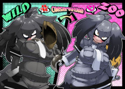 Rule 34 | 1girl, alternate breast size, alternate color, anger vein, arm at side, arms at sides, arrow (symbol), bird tail, black gloves, black hair, black shirt, black shorts, blush, breast pocket, breasts, brown hair, clenched hand, closed mouth, collared shirt, commentary request, curvy, eating, english text, fingerless gloves, gloves, grey hair, grey neckwear, grey shirt, grey shorts, hair between eyes, hand up, heart, holding, impossible clothes, impossible shirt, kemono friends, large breasts, layered sleeves, long hair, long sleeves, looking at viewer, low ponytail, multicolored hair, multiple views, nananana nanana, necktie, orange eyes, orange hair, outstretched arms, outstretched hand, pocket, shaded face, sharp teeth, shirt, shoebill (kemono friends), short over long sleeves, short sleeves, shorts, side ponytail, smile, spoken anger vein, spoken heart, spread fingers, tail, teeth, thick eyebrows, v-shaped eyebrows
