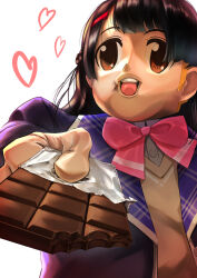 Rule 34 | 1girl, absurdres, animegao, black hair, blazer, blue jacket, bow, bowtie, braid, brown eyes, candy, cardigan, character mask, chocolate, chocolate bar, commentary request, cosplay, facing viewer, film grain, food, food bite, french braid, from below, hair ornament, hairclip, happa de happy, heart, highres, hime cut, holding, holding chocolate, holding food, incoming food, jacket, kigurumi, long sleeves, mask, nazono mito, nijisanji, open clothes, open jacket, pink bow, pink bowtie, smile, solo, tsukino mito, tsukino mito (1st costume), upper body, valentine, virtual youtuber, white background, wig, yellow cardigan