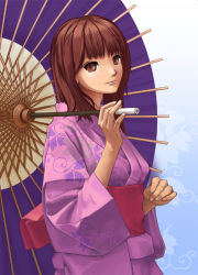 Rule 34 | 1girl, blue background, brown eyes, brown hair, expressionless, from side, gradient background, holding, holding umbrella, japanese clothes, kawa akira, kimono, looking at viewer, obi, oil-paper umbrella, sash, solo, taepro, umbrella