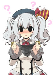 Rule 34 | 1girl, ?, absurdres, anchor, beret, black panties, blush, bow, bow panties, commentary request, embarrassed, frilled sleeves, frills, goma (gomasamune), hat, hat bow, highres, holding, holding clothes, holding panties, holding underwear, kantai collection, kashima (kancolle), long hair, long sleeves, looking at viewer, military, military uniform, nose blush, open mouth, panties, silver hair, solo, sweatdrop, twintails, twitter username, underwear, uniform, upper body, wide-eyed