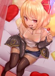 Rule 34 | 1girl, :d, alternate costume, black choker, black jacket, black thighhighs, blonde hair, blush, breasts, camisole, candy, casual, chiroshiron, choker, commentary request, contemporary, crop top, curtains, denim, denim shorts, feet out of frame, food, from above, hair ribbon, hand up, heart, heart-shaped pupils, heart-shaped pillow, highres, holding, holding food, jacket, leather, leather jacket, lollipop, long sleeves, looking at viewer, midriff, off shoulder, open clothes, open fly, open jacket, open mouth, pillow, red eyes, red ribbon, ribbon, rumia, shadow, shiny skin, short hair, short shorts, shorts, sitting, small breasts, smile, solo, spaghetti strap, strap slip, symbol-shaped pupils, tan, tanline, thighhighs, thighs, tongue, tongue out, touhou
