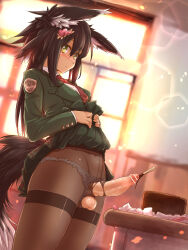 Rule 34 | 1girl, animal ears, bar censor, black hair, breasts, brown pantyhose, cake, censored, cowboy shot, day, erection, exc heaven, food, fox ears, fox tail, futanari, green eyes, green skirt, hair between eyes, hair ornament, highres, indoors, lens flare, lens flare abuse, miniskirt, necktie, original, panties, panties under pantyhose, pantyhose, penis, pocky, red necktie, skirt, small breasts, solo, sounding, tail, testicles, thighband pantyhose, torn clothes, torn pantyhose, underwear, uniform, urethral insertion, window
