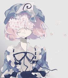 Rule 34 | 1girl, bad id, bad twitter id, blue bow, blue dress, blue hat, bow, cherry blossoms, covered eyes, dress, flower, frills, gradient background, grey background, hat, highres, mob cap, negi si, pink hair, saigyouji yuyuko, short hair, solo, touhou, triangular headpiece, upper body, wind