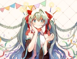 Rule 34 | 1girl, anniversary, bare shoulders, black sleeves, blue eyes, blue hair, blue necktie, blush, braid, candle, checkered background, closed mouth, confetti, detached sleeves, food, food on head, fork, fruit, grid background, hair between eyes, hair ornament, hair ribbon, hand on own face, hatsune miku, heart, highres, holding, holding fork, long hair, looking at viewer, necktie, object on head, pinkusan, red ribbon, ribbon, shirt, sidelocks, smile, solo, strawberry, streamers, string of flags, twintails, upper body, very long hair, vocaloid, wide sleeves