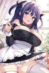 Rule 34 | 1girl, apron, black dress, blush, breasts, cherry blossoms, clothes lift, curtains, dress, dress lift, hair between eyes, hair ribbon, highres, holding, indoors, large breasts, leaf, long hair, long sleeves, looking at viewer, maid, maid apron, maid headdress, mimikaki, open mouth, original, panties, purple eyes, purple hair, ribbon, sanshoku amido, simple background, sitting, solo, thighhighs, underwear, white panties, white thighhighs, window