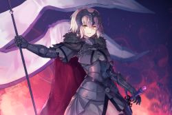 Rule 34 | 1girl, ahoge, armor, breasts, fate/grand order, fate (series), flag, holding, holding flag, hopepe, jeanne d&#039;arc (fate), jeanne d&#039;arc alter (avenger) (fate), jeanne d&#039;arc alter (avenger) (first ascension) (fate), jeanne d&#039;arc alter (fate), large breasts, looking at viewer, parted lips, short hair, smile, solo, sword, weapon, white hair, yellow eyes