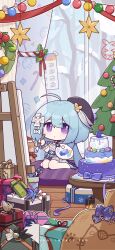 Rule 34 | 1girl, :o, absurdres, ahoge, black hat, cake, chibi, christmas tree, english text, food, gift, griseo, griseo (starry impression), hat, highres, honkai (series), honkai impact 3rd, looking at viewer, official art, official wallpaper, paint, sitting, snow, solo, star (symbol)