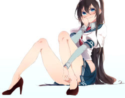 Rule 34 | 10s, 1girl, black-framed eyewear, black hair, blue eyes, blue skirt, blush, glasses, hairband, hand on own cheek, hand on own face, high heels, highres, hip vent, kantai collection, long hair, long sleeves, looking away, miwano rag, necktie, no panties, no socks, ooyodo (kancolle), pleated skirt, puffy sleeves, simple background, sitting, skirt, solo, very long hair, white background