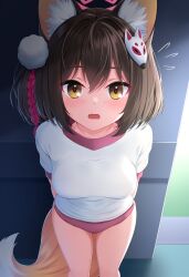 Rule 34 | 1girl, animal ear fluff, animal ears, arms behind back, blue archive, blush, breasts, brown hair, buruma, commentary request, eyeshadow, fang, female focus, flying sweatdrops, fox ears, fox girl, fox hair ornament, fox tail, gym uniform, hair between eyes, hair ornament, hajika, highres, izuna (blue archive), looking at viewer, makeup, medium breasts, open mouth, red buruma, red eyeshadow, shirt, short hair, short sleeves, skin fang, solo, standing, tail, textless version, white shirt, yellow eyes