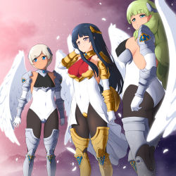 Rule 34 | 3girls, adjusting hair, angel wings, anime coloring, aqua eyes, armor, armored boots, armored collar, ass, black hair, black legwear, blue eyes, blush, boots, bracer, breasts, buckler, capitan (tsyoujo), clenched hand, cloud, covered erect nipples, covered navel, crotch plate, elbow gloves, electoa (capitan (tsyoujo)), farneli (capitan (tsyoujo)), feathers, forest, gloves, green hair, hair over shoulder, head, headgear, highres, hime cut, large breasts, long hair, marriot (capitan (tsyoujo)), medium breasts, mountainous horizon, multiple girls, nature, original, outdoors, pantyhose, purple eyes, shield, sideboob, sidelocks, skin tight, small breasts, smile, standing, very long hair, white gloves, wind, wings