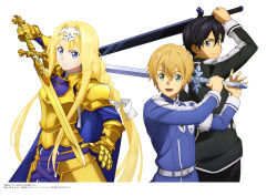 Rule 34 | 1girl, 2boys, absurdres, alice zuberg, armor, artist request, blonde hair, eugeo, gold armor, highres, holding, holding sword, holding weapon, kirito, long hair, looking at viewer, multiple boys, short hair, sword, sword art online, sword art online: alicization, weapon