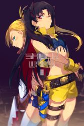 Rule 34 | 2girls, back-to-back, black hair, blonde hair, blue shorts, blush, calamity jane (fate), closed mouth, commentary request, earrings, echo (circa), fate/grand order, fate (series), fingerless gloves, gloves, green eyes, gun, hoop earrings, ishtar (fate), jewelry, katana, long hair, looking at viewer, multicolored hair, multiple girls, one eye closed, ponytail, red eyes, red hair, short shorts, shorts, smile, space ishtar (fate), space ishtar (second ascension) (fate), star tattoo, sword, tattoo, tohsaka rin, twintails, two-tone hair, vest, weapon, yellow gloves, yellow shorts, yellow vest