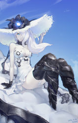 Rule 34 | 10s, 1girl, absurdres, abyssal ship, anchor, arm at side, arm support, armor, armored boots, artist name, bare shoulders, belt, black flower, black footwear, black gloves, black scarf, black thighhighs, blue eyes, blue sky, boots, breasts, cleavage, closed mouth, day, dress, flower, gloves, glowing, hair over one eye, hand on headwear, hat, hat flower, highres, kantai collection, knees up, large breasts, long hair, looking at viewer, o-ring, one eye covered, panties, pantyshot, reisun001, scarf, seaport summer princess, short dress, signature, sitting, sky, solo, sun hat, thigh boots, thighhighs, underwear, upskirt, white dress, white hair, white hat, white panties