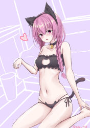 Rule 34 | 1girl, absurdres, animal ear fluff, animal ears, arm at side, bare arms, bell, black choker, black panties, blush, braid, breasts, cat ears, cat lingerie, cat tail, choker, collarbone, commentary request, fake animal ears, fake tail, fang, hair between eyes, hand up, heart, hetero, highres, jingle bell, knees out of frame, long hair, looking at viewer, low twin braids, meme attire, midriff, mitsukasa ayase, mkn yu, navel, neck bell, official alternate hairstyle, open mouth, panties, paw pose, pink hair, purple background, purple eyes, riddle joker, side-tie panties, simple background, sitting, skin fang, small breasts, smile, solo, stomach, tail, tsurime, twin braids, twitter username, underwear, underwear only, wariza