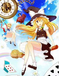 Rule 34 | 3girls, :d, ;d, alice in wonderland, alice margatroid, animal ears, blonde hair, bobby socks, bow, braid, broom, broom riding, brown hair, rabbit ears, card, chain, chair, cloud, day, dress, female focus, flower, frilled dress, frills, hair bow, hat, inaba tewi, kirisame marisa, long hair, looking at viewer, mary janes, missnips, multiple girls, one eye closed, open mouth, panties, pantyshot, rainbow, roman numeral, shoes, sidesaddle, sitting, sky, smile, socks, touhou, underwear, watch, white panties, wink, witch, witch hat