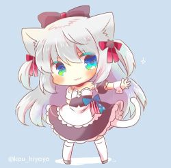 Rule 34 | 1girl, :3, animal ear fluff, animal ears, apron, azur lane, black bow, black dress, black sleeves, blue background, blue bow, blue eyes, blush, bow, cat ears, cat girl, cat tail, chibi, closed mouth, detached sleeves, dress, full body, hair bow, hammann (azur lane), kou hiyoyo, long hair, looking at viewer, lowres, outstretched arm, puffy short sleeves, puffy sleeves, red bow, remodel (azur lane), short sleeves, silver hair, solo, standing, strapless, strapless dress, tail, twitter username, two side up, very long hair, waist apron, white apron, wrist cuffs