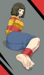 1girl absurdres arms_behind_back ass barefoot bdsm bondage bound bound_ankles bound_arms breasts brown_eyes brown_hair denim denim_skirt gag gagged high_heels highres improvised_gag kawakami_sadayo lost_one_zero mature_female obund persona persona_5 shirt skirt striped_clothes striped_shirt tape tape_bondage tape_gag