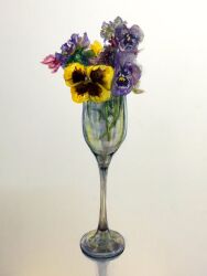 Rule 34 | bouquet, champagne flute, commentary, cup, drinking glass, flower, highres, no humans, original, painting (medium), pansy, purple flower, purple pansy, realistic, simple background, still life, tokunaga aoi, traditional media, watercolor (medium), white background, yellow flower, yellow pansy