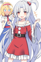 Rule 34 | 2girls, :d, alice margatroid, alternate costume, bare shoulders, belt, black belt, blue eyes, blush, christmas, collarbone, commentary request, dress, e.o., fur-trimmed dress, fur trim, grey hair, hair bobbles, hair ornament, hairband, highres, long hair, long sleeves, looking at viewer, multiple girls, one side up, open mouth, petite, puffy short sleeves, puffy sleeves, red dress, red hairband, santa costume, santa dress, shinki (touhou), short sleeves, simple background, smile, standing, touhou, touhou (pc-98), very long hair, white background, wide sleeves