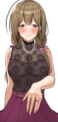 Rule 34 | 1girl, ahoge, ariatorai, bead necklace, beads, blush, braid, breasts, brown hair, cleavage, closed mouth, cowboy shot, engagement ring, hair over shoulder, hair ribbon, high-waist skirt, highres, idolmaster, idolmaster shiny colors, jewelry, kuwayama chiyuki, lace, long hair, long skirt, necklace, orange eyes, ornate ring, pleated skirt, purple ribbon, purple skirt, ribbon, ring, see-through, see-through cleavage, shirt, sidelocks, simple background, skirt, sleeveless, sleeveless shirt, smile, solo, standing, tears, twin braids, twintails, underbust, white background