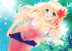 Rule 34 | 1girl, absurdres, artist name, atago (kancolle), beach, bikini, bikini day, blonde hair, blush, breasts, carnelian, cleavage, clothes pull, collarbone, cowboy shot, day, denim, denim shorts, dutch angle, flower, hair flower, hair ornament, highres, kantai collection, large breasts, leaning forward, long hair, looking at viewer, navel, open mouth, outdoors, shorts, shorts pull, solo, sun, swimsuit, tree, white bikini