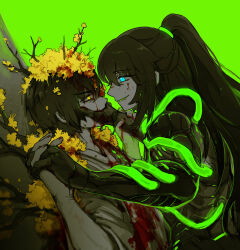 Rule 34 | 2boys, armor, black armor, black hair, blood, blood in hair, blood on clothes, blood on face, blue eyes, branch, colored tongue, covering another&#039;s mouth, dutch angle, e.g.o (project moon), flaw eight, flower, green background, green tongue, hair flower, hair ornament, hands up, highres, holding another&#039;s wrist, hong lu (project moon), limbus company, multiple boys, parted lips, project moon, simple background, smle, upper body, wings, yellow eyes, yellow flower, yi sang (project moon)