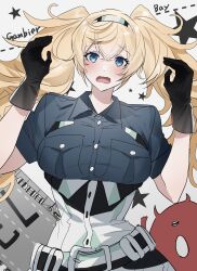 Rule 34 | 1girl, aqua neckerchief, blonde hair, blue eyes, blue shirt, blush, breast pocket, breasts, character name, enemy lifebuoy (kancolle), flight deck, gambier bay (kancolle), gloves, hair between eyes, hairband, highres, ichimonme (ichi), kantai collection, large breasts, multicolored clothes, multicolored gloves, multicolored hairband, neckerchief, open mouth, pocket, shirt, shorts, twintails, upper body, wavy mouth