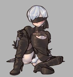 Rule 34 | 1boy, black blindfold, black footwear, blindfold, blush, boots, bulge, cleavage cutout, clothing cutout, cosplay, crossdressing, feather-trimmed sleeves, full body, grey background, hand on own knee, high heel boots, high heels, highres, leotard, male focus, nier (series), nier:automata, short hair, simple background, sitting, solo, spankmaths, spread legs, thigh boots, trap, white hair, white leotard, 2b (nier:automata), 2b (nier:automata) (cosplay), 9s (nier:automata)