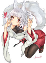 Rule 34 | 1girl, albino, animal ears, bare shoulders, black pantyhose, blunt bangs, breasts, eyebrows, female focus, fox ears, fox shadow puppet, fox tail, full body, heart, japanese clothes, large breasts, long sleeves, looking at viewer, \\n/, original, pantyhose, red eyes, ribbon, shimako (mehr), signature, simple background, solo, tail, white background, white hair, wide sleeves