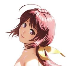 Rule 34 | 1girl, ahoge, blue eyes, blush, collarbone, from side, hair intakes, hair ribbon, kagami sumika, long hair, looking at viewer, low ponytail, muv-luv, nude, pink lips, popgun (22882502), portrait, red eyes, red hair, ribbon, shaft look, simple background, smile, solo, white background, yellow ribbon