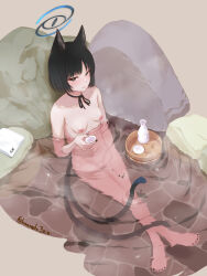 Rule 34 | 1girl, :3, animal ears, bakeneko, barefoot, bathing, black choker, black eyes, black hair, black nails, blue archive, bottle, breasts, breasts apart, bright pupils, cat ears, cat tail, choker, choko (cup), closed mouth, collarbone, commentary request, completely nude, crossed legs, cup, feet, from above, full body, halo, highres, kikyou (blue archive), kuroneko (kuroneko3zizi), large areolae, legs, looking at viewer, medium breasts, multiple tails, nail polish, narrowed eyes, navel, nipples, nude, onsen, partially submerged, sake bottle, short hair, sitting, smile, stomach, tail, toenail polish, toenails, toes, twitter username, two tails, white pupils
