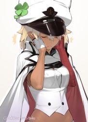 Rule 34 | 1girl, akisa yositake, bandages, buttons, cape, closed eyes, closed mouth, clover, dark-skinned female, dark skin, fingerless gloves, four-leaf clover, gloves, guilty gear, guilty gear strive, hair between eyes, hand on own face, hat, highres, midriff, motion lines, navel, patting, platinum blonde hair, ramlethal valentine, simple background, solo, twitter username, upper body, white background, white cape, white gloves