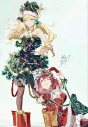 2girls bare_shoulders blonde_hair blush bob_cut box breasts chest_jewel christmas christmas_tree_costume cleavage dress earrings embarrassed fur_trim gift gift_box gloves highres jewelry large_breasts long_hair multiple_girls mythra_(xenoblade) onepointzero pyra_(xenoblade) red_dress red_eyes red_hair short_hair smile swept_bangs xenoblade_chronicles_(series) xenoblade_chronicles_2 yellow_eyes