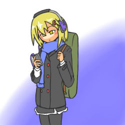 Rule 34 | 1girl, :&lt;, adapted costume, backpack, bag, blonde hair, blue background, blush stickers, cellphone, contemporary, crescent, crescent hair ornament, feet out of frame, hair ornament, headphones, kakinoki mikan (kari), listening to music, lunasa prismriver, phone, scarf, short hair, smartphone, solo, touhou, two-tone background, white background, winter clothes, yellow eyes