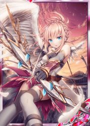 Rule 34 | 1girl, akkijin, angel, archery, armor, blonde hair, blue eyes, bow, braid, card (medium), feathered wings, feathers, looking at viewer, orange sky, outdoors, ruins, shinkai no valkyrie, single wing, sky, solo, thighhighs, wings
