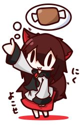 Rule 34 | 1girl, absurdres, animal ears, bad id, bad pixiv id, black eyes, blush, boned meat, brooch, brown hair, dress, food, highres, imaizumi kagerou, jewelry, long hair, meat, nuu (nu-nyu), open mouth, solo, thought bubble, touhou, white background, wide sleeves, wolf ears
