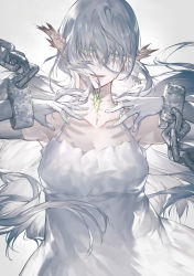 Rule 34 | 1girl, absurdres, bad id, bad pixiv id, breasts, chain, cleavage, collarbone, commentary, cracked skin, crystal, cuffs, dress, english commentary, eyelashes, floating hair, gem, gloves, green eyes, green gemstone, grey background, grey hair, hair over eyes, half-closed eyes, hands up, highres, light particles, long hair, looking at hands, noy, open mouth, original, pointy ears, see-through silhouette, shackles, sleeveless, sleeveless dress, smile, solo, upper body, very long hair, white dress, white gloves, white theme