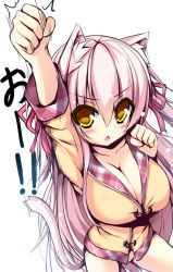 Rule 34 | 1girl, :o, animal ears, blush, bottomless, breasts, cleavage, clenched hand, clenched hands, fist pump, from above, hair ribbon, large breasts, long hair, looking at viewer, original, pink hair, raised fist, ribbon, shia flatpaddy, simple background, sketch, solo, syroh, tail, twintails, very long hair, white background, yellow eyes